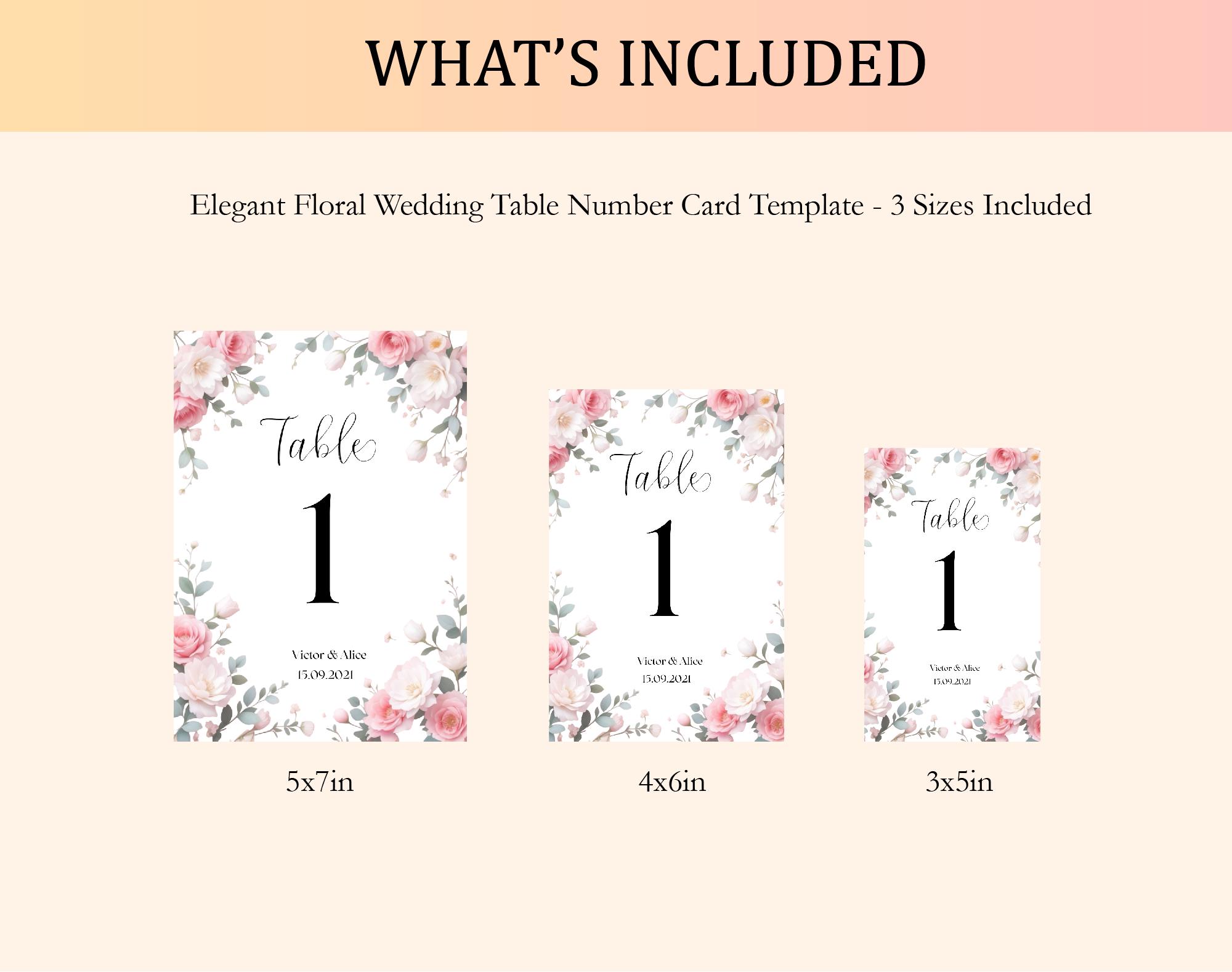 Elegant Floral Wedding Table Number Card Template - 3 Sizes Included ...