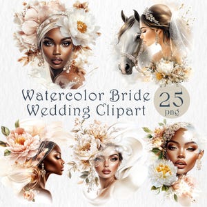 Elegantes Aquarell Braut Clipart. Hochzeitsmode 25 PNG. Florale Braut Porträts. Druckbare Kunst für Einladungen, Karten, Sublimation