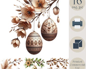 Easter Boho Eggs Clipart Bundle. Rustic Watercolor Easter Egg 16 PNG. Vintage Floral Boho Egg Art. Digital Download for Sublimation & DIY
