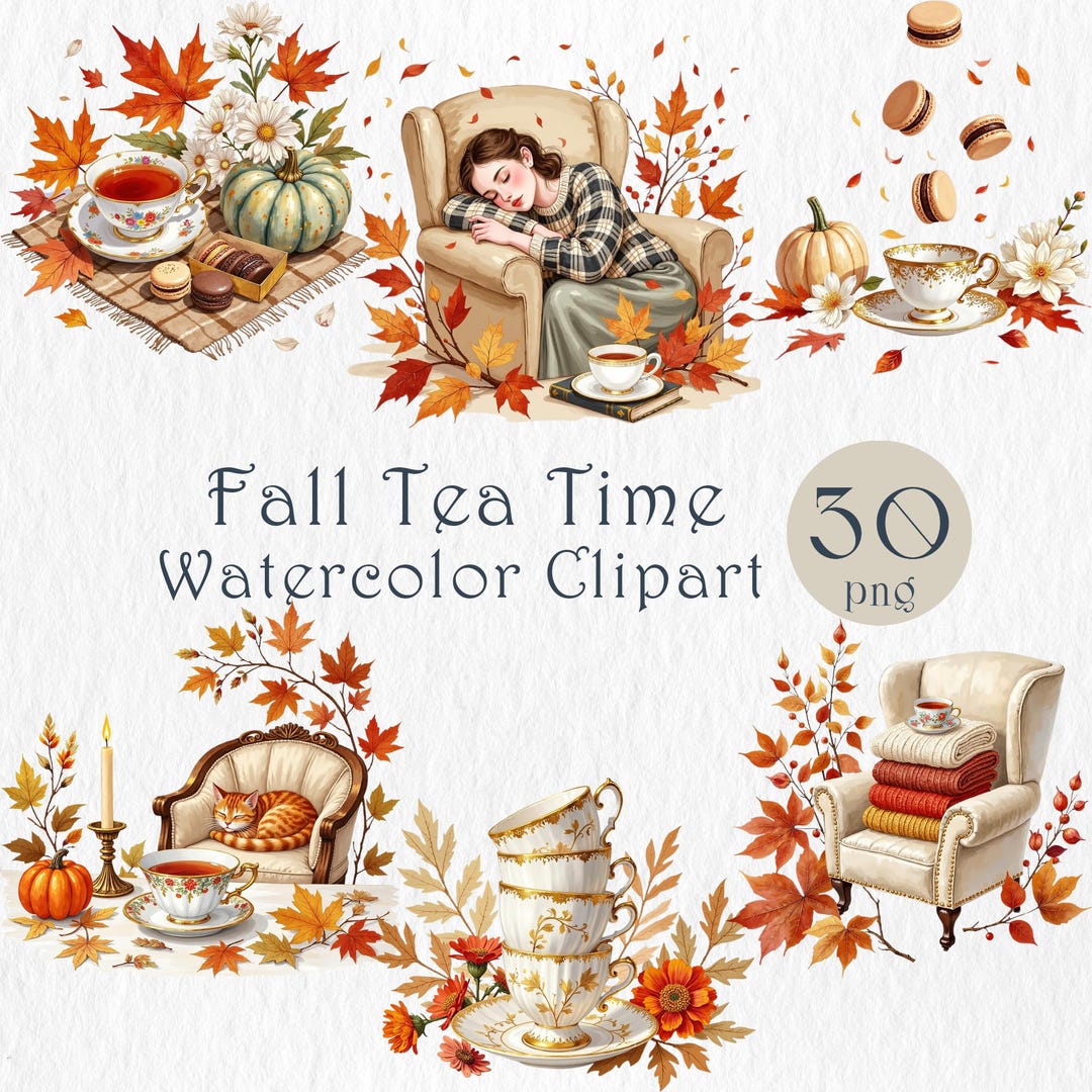 Fall Tea Time Clipart Set – 30 PNG Cozy Autumn Tea Party, Macarons ...