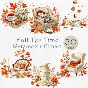 Pode incluir: Clipart em aquarela com ilustrações de outono. A imagem inclui xícaras de chá, abóboras, folhas de outono e uma pessoa dormindo em uma cadeira. O texto "Fall Tea Time Watercolor Clipart" também está presente.