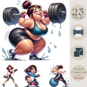 Pacchetto Clipart di ragazze sportive carine. Illustrazioni divertenti di fitness. PNG di palestra e allenamento. Adesivi digitali, sublimazione, scrapbooking, arte del planner