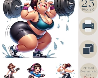 May include: A digital illustration of a woman lifting weights. She is wearing a blue sports bra, black shorts, and pink socks. She is sweating and has a determined expression on her face. The image is set against a white background with water droplets falling from the weights.