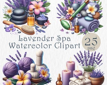 Lavender Spa Clipart Bundle. Watercolor Wellness Elements – Aromatherapy, Oils, Towels, Stones & Floral Spa Art. Wellness, beauty design