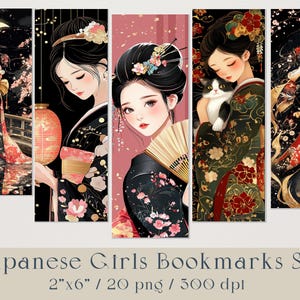 Japanese Girl Sakura Bookmarks Bundle. Geisha Printable Bookmark Set. Digital Art Bookmarks for Aesthetic Reading Lovers, Book Accessories