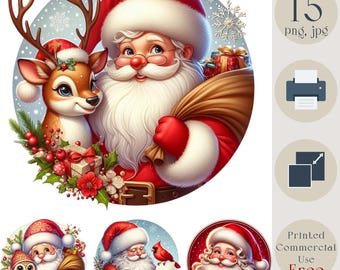 Santa Claus Clipart. Christmas Santa Clipart Bundle, 15 png jpg High-Quality Design, Christmas Art Printable, DIY card make, scrapbook craft
