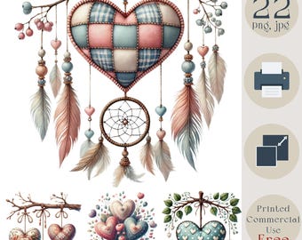 Boho Heart Clipart. Boho Hearts Isolated on White PNG & JPG. Rustic Floral Hearts, Dreamcatcher Elements, Digital Download for Craft, Decor