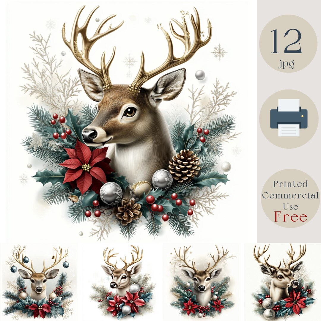 Christmas Reindeer Clipart Bundle. Watercolor Deer Clipart, 12 JPG ...