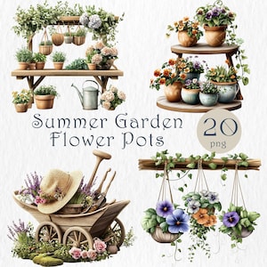 Aquarell Blumentöpfe Clipart - Rustikale Gartendekoration, Topfpflanzen, hängende Pflanzgefäße, Gartenbänke & Schubkarre PNG Set. DIY-Projekte