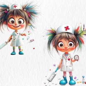 K&ouml;nnte beinhalten: Zwei Comic-Krankenschwestern mit bunten Haaren und roten Kreuzen auf ihren H&uuml;ten. Eine Krankenschwester h&auml;lt ein gro&szlig;es Messer und die andere h&auml;lt eine Blutdruckmanschette.