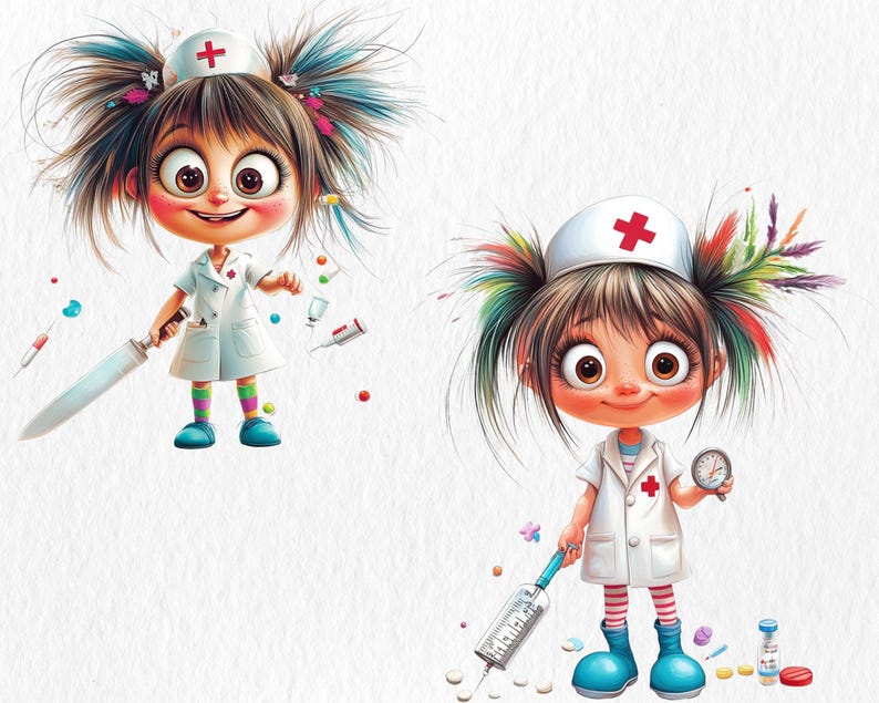 K&ouml;nnte beinhalten: Zwei Comic-Krankenschwestern mit bunten Haaren und roten Kreuzen auf ihren H&uuml;ten. Eine Krankenschwester h&auml;lt ein gro&szlig;es Messer und die andere h&auml;lt eine Blutdruckmanschette.