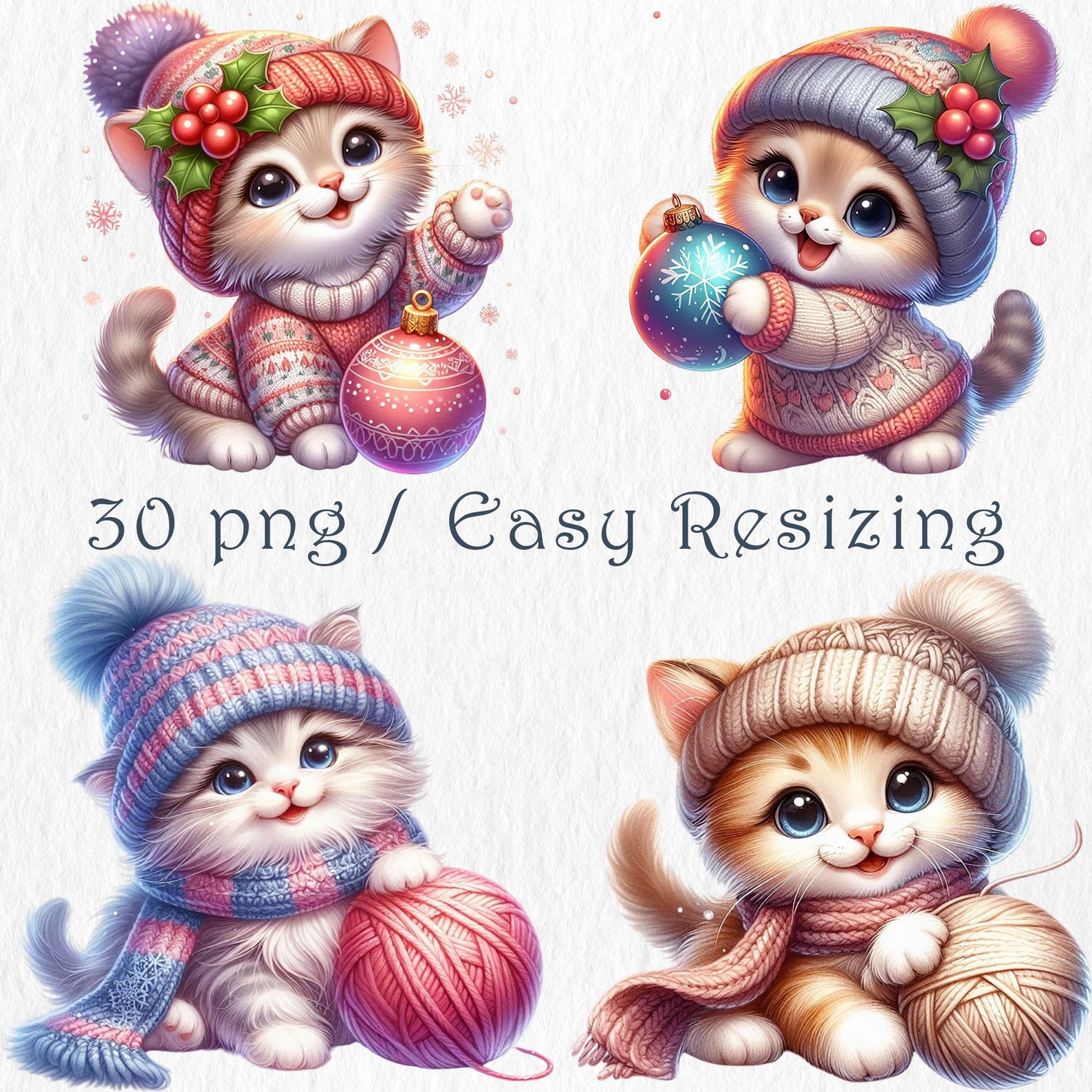Christmas Kittens Clipart Bundle. Winter Cat 30 PNG. Holiday Kitty ...