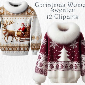 Damen Weihnachtspullover Clipart. Kuscheliger festlicher Pullover mit Schneeflocken & Feiertagsmotiven. Perfekt für Winter Urlaub Handwerk, Scrapbooking