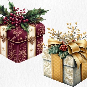 Clipart na świąteczne pudełko prezentowe, styl barokowy, eleganckie świąteczne 15 pudełek ze złotymi wstążkami i dekoracją ostrokrzewu, idealne prezenty i dekoracje świąteczne