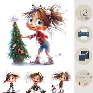 Kit de cliparts original de fille de Noël. Décoration amusante du nouvel an, art numérique festif, jolie idée cadeau de vacances fille de Noël lunatique, album de coupures, carte