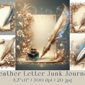 Juego de papel para diario basura Feathers, 20 archivos JPG. Kit de papel imprimible con letras y plumas. Papel para diario basura elegante, scrapbooking, descarga digital, impresión