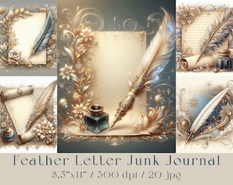 Feathers Junk Journal Set, 20 JPG. Letter, Feather Printable Paper Kit. Junk journal elegant Ephemera, scrapbooking, digital download, print