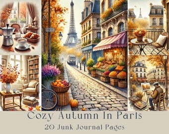 Cozy Autumn in Paris Printable Pages - Vintage Parisian Junk Journal Ephemera, Fall Aesthetic, Scrapbooking Kit, Planner Decor, Diy cards