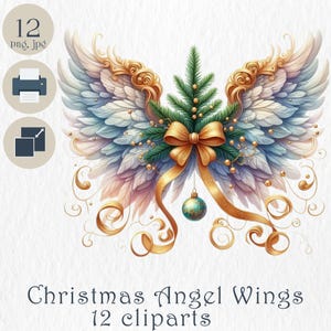 Clipart de Alas de Ángel Navideñas. Arte mural, decoración navideña con lazos y adornos. Decoración navideña única para el hogar, tarjetas DIY, álbumes de recortes.
