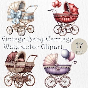 Aquarel vintage kinderwagen clipart. Vintage kinderwagen png-set. Babyshower, uitnodigingen, sublimatie, scrapbooking. Zelf kaarten maken, cadeaus