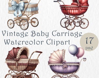 Watercolor Vintage Baby Carriage Clipart. Vintage Pram PNG Set. Baby Shower, Invitations, Sublimation, Scrapbooking. DIY making Cards, Gifts