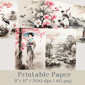 Paquete de papel de diario basura de flores de Sakura, conjunto de 40, medios mixtos de papel, scrapbooking, papel en mal estado de flor de cerezo asiático, descarga digital