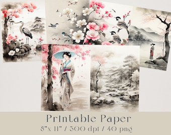 Sakura Flowers Junk Journal Paper Bundle, Set Of 40, Paper Mixed Media, Scrapbooking, Asian Cherry Blossom Shabby Paper, Digital Download