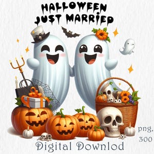 Just Married Halloween Printable. Niedliches wunderliches gerade verheiratetes Geist-Design, Kürbise, Geschenke. Halloween TS, Tassen, Wandkunst, T-Shirts