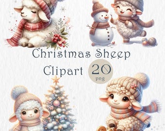 Clipart schattige kerstschapen – 20 png-illustraties winterlam, gezellige vakantie dierenkunst, aquarelschaap met gebreide sjaal en muts