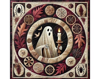 Gothic Halloween Quilt. Handcrafted Spooky Quilt Decor with Skulls, Roses, Lantern. Dark Art for Home, Gift. Craft, Scrapbook, DIY card make