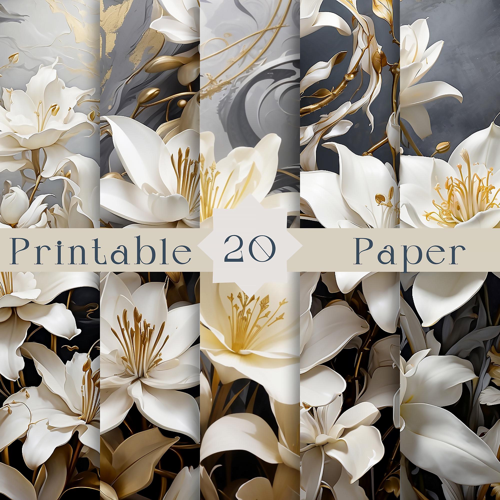 20jpg Abstract Nordic White Gold Lilies, Printable Watercolor Lily, High Quality Paper Digital download, Paper craft Wall Trendy Art Picture