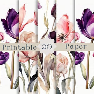 Pressed Tulips Printable Set, Watercolor TFloral Art, High Quality Paper Digital download, Paper craft Wall Trendy Art Picture Decor, 20 jpg