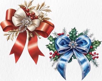 Christmas Bow Clipart Kit. Holiday Luxurious Baroque Decorative Bows for Tree, Wreath, and Gifts. Elegant Gold Red Ribbons, Festive Ornament