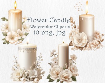 Flower candles watercolor cliparts kit. Printable set of 10 png, jpg flower candles. Lifestyle decor, DIY card making, scrapbook, collage