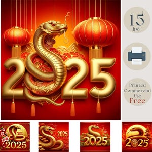 Pacote de clipart de ano novo chinês. Kit de decoração de ano novo 2025 15 jpg de alta qualidade. Conjunto de design de cobra dourada, cartões DIY e gráficos de mídia social