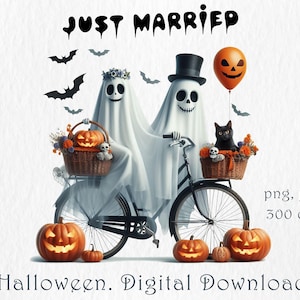 Just Married Geister Halloween Printable. Niedliches wunderliches Geist-Hochzeits-Design. Digital Download Halloween TS, tassen , Kunstdruck für Wand, Scrapbook, Scrapbook