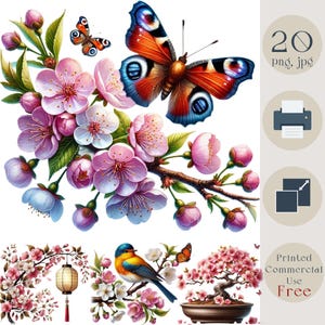 Clipart de rama de flor de cerezo en acuarela. Ramas de flor de cerezo con pájaro, mariposa, bonsái, linterna de papel, 20 png jpg. Tarjeta de bricolaje para pared