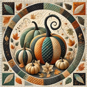 May include: A quilted fabric wall art featuring a circular design with four pumpkins in shades of green, orange, and white. The pumpkins are surrounded by leaves and vines in shades of brown and green. The background is a cream colour.