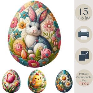 May include: A set of four colorful Easter eggs with different designs. One egg features a bunny rabbit with blue and white patchwork, another has a yellow chick, and the third has white daisies. The fourth egg has pink tulips.