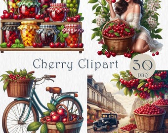 Cherry Clipart Watercolor Set. Vintage Summer Jam Jars, Baskets, Girls, Market Scenes. 30 PNG Sublimation, Crafts, Planner Art, Recipe Art