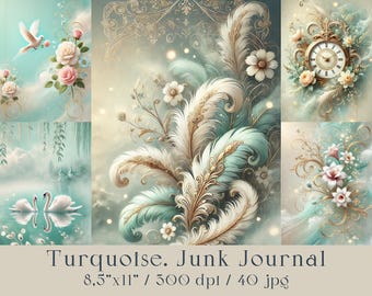 Romantic Turquoise Dreams Junk Journal Kit, Printable Junk Journal Set, Scrapbook Paper, Romantic Feminine, Elegant Fantasy Dream, Ephemera