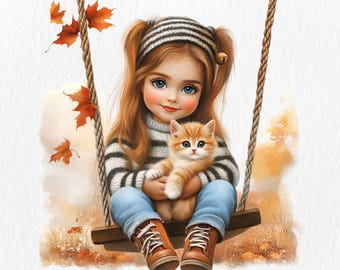 Herbst kleine Mädchen Clipart Bundle. 16 PNG, JPG Aquarell druckbare Cliparts für Junk Journaling, Scrapbook, DIY Card Make, digitaler Download
