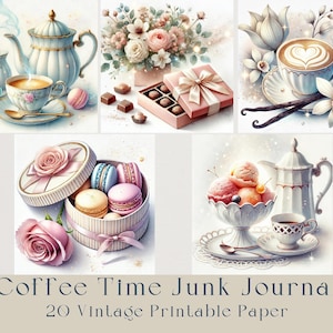 Vintage Coffee Time Junk Journal Pages, Coffee Printable Paper Set, Chocolate, Macaroons, Croissants, Junk Journal Ephemera, Coffee Lovers