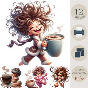 Chica de café peculiar aislada en transparente. Arte divertido de pijama matutino para amantes del café. Descarga digital, diario basura DIY, redes sociales