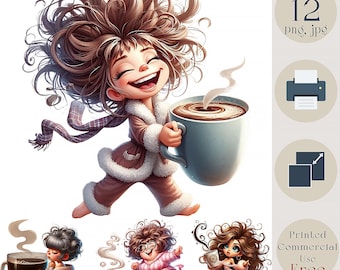 Quirky Coffee Girl Clipart Isolated Transparent. Funny Pajama Morning Art for Coffee Lover. Digital Download, DIY Junk Journal, Social Media
