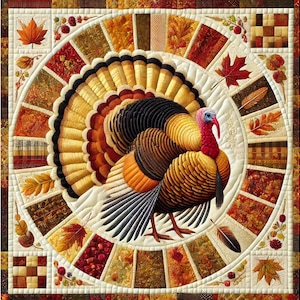 May include: A colorful patchwork quilt featuring a detailed image of a turkey with a large, fanned tail. The quilt is made up of various shades of brown, orange, red, and yellow, with a white background.