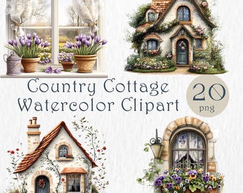 Clipart de casa de campo en acuarela. Escenas florales en ventanas, ilustraciones acogedoras de una casa de campo. Conjunto PNG rústico para sublimación y manualidades.