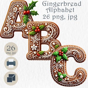 Lettres de l'alphabet en pain d'épice | Ensemble alphabet de Noël sur le thème des biscuits pour le bricolage, la fabrication de cartes, le scrapbooking et la décoration des Fêtes