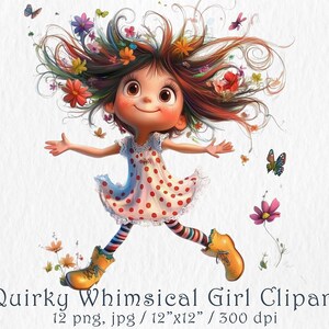 Quirky Girl Clipart. Quirky Whimsical Dancing Funny Girls Journaling Kit, 12 PNG,JPG, Scrapbook, DIY Card Making, Digital Download, Fantasy