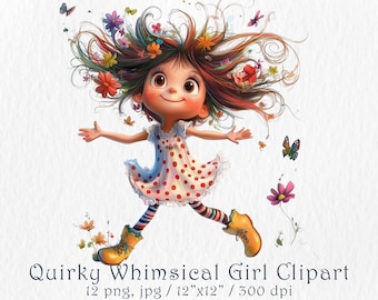 Witzige Mädchen Clipart. Schrullig, wunderliche tanzende lustige Mädchen Journaling Kit, 12 PNG, JPG, Sammelalbum, DIY Kartenherstellung, digitaler Download, Fantasie